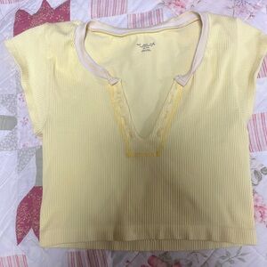 Yellow Ribbed V-Neck Top